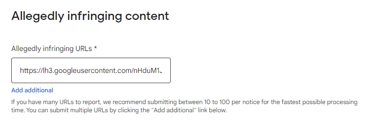 Google allegedly infringing content screenshot