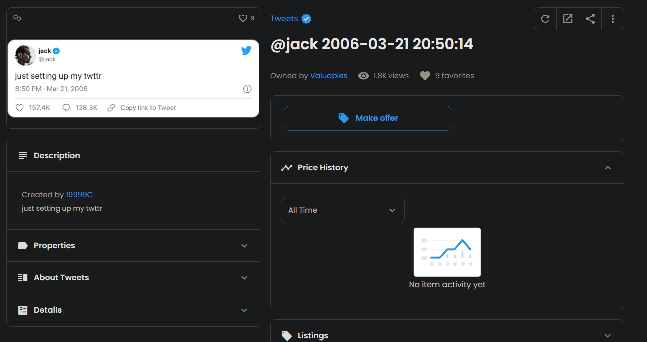 A copy of Jack Dorsey's first tweet up for sale